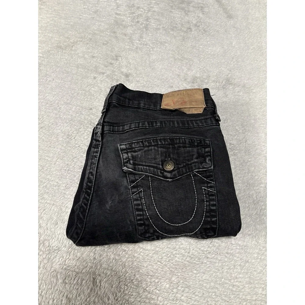 True Religion Ricky Relaxed‎ Straight Jeans Men's 36x32 Black Faded Flap Pocket